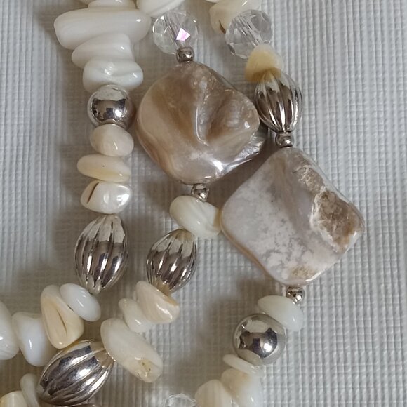Silver Tone and Off White Mother Of Pearl Assorted Beads Triple Strand Necklace - Picture 4 of 11